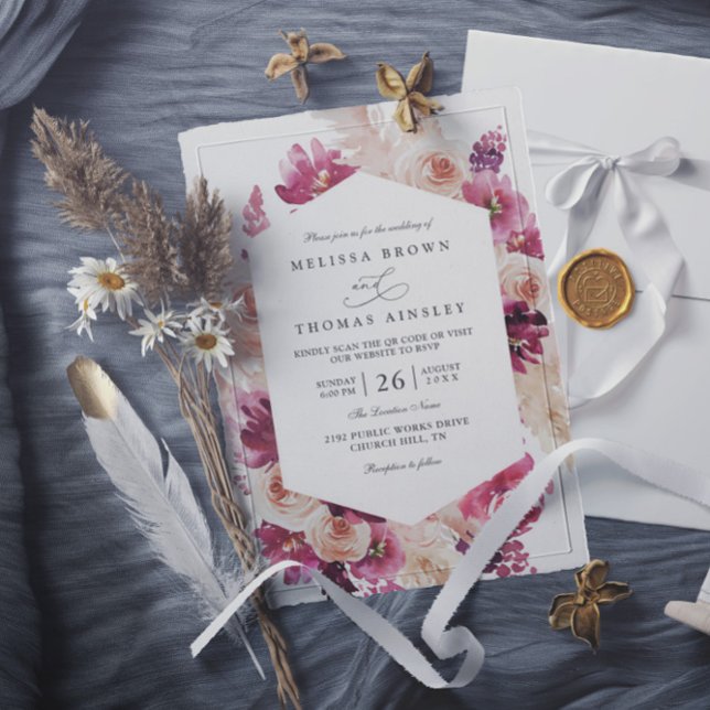 Invitation Mariage code QR floral herbe de pampa rose bohème (Créateur téléchargé)
