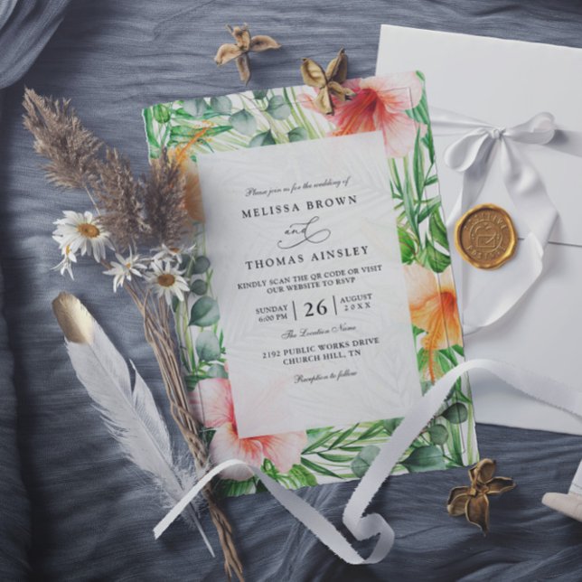 Invitation Mariage Code QR Floral Hibiscus Tropical Paradis (Créateur téléchargé)