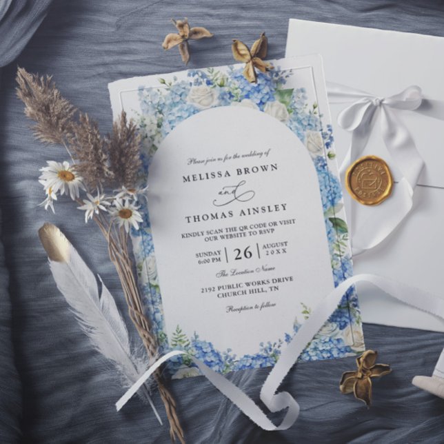 Invitation Mariage Code QR Floral Hortensias Bleus Roses Blan (Créateur téléchargé)