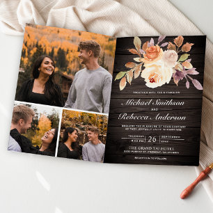 Invitation Mariage Code QR Floral Ivoire Rustique Bois Terreu