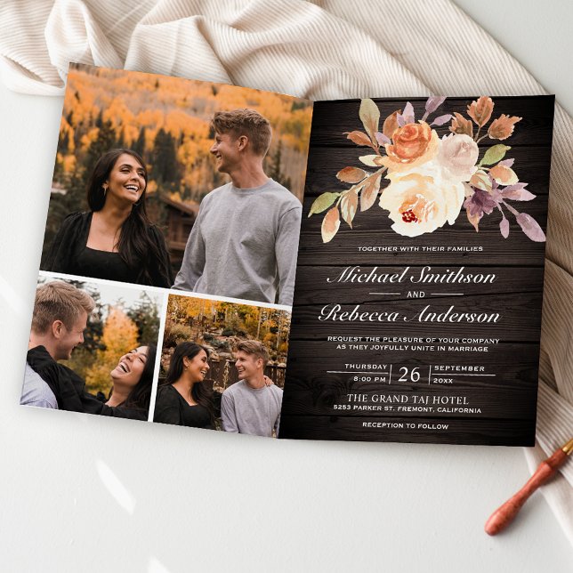 Invitation Mariage Code QR Floral Ivoire Rustique Bois Terreu (Créateur téléchargé)