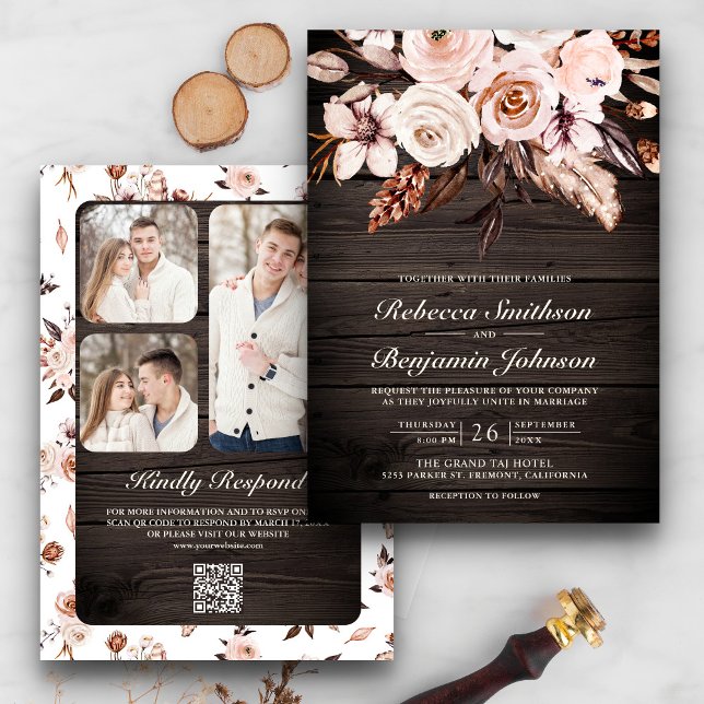 Invitation Mariage Code QR Floral Ivoire Rustique Bois Terreu (Créateur téléchargé)