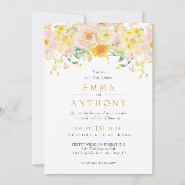 Invitation Mariage Code QR Floral Jaune Beurre Romantique (Devant)