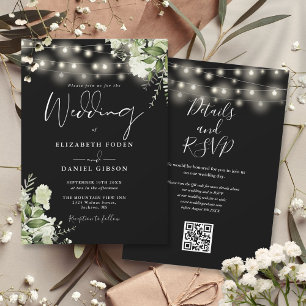 Invitation Mariage Code QR Floral Lumières Noir Et Blanc