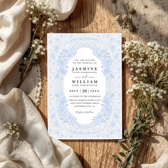 Invitation Mariage code QR floral luxuriant bleu pastel vinta (Créateur téléchargé)