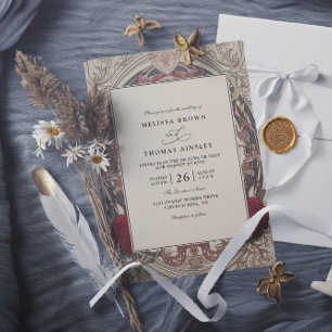 Invitation Mariage Code QR Floral Moderne Art Vintage Bourgog
