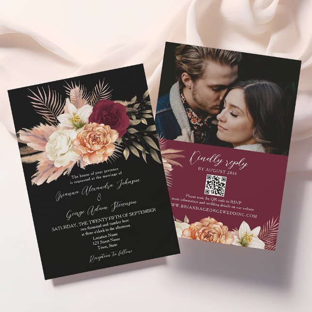 Invitation Mariage Code QR Floral Noir Bourgogne (Créateur téléchargé)