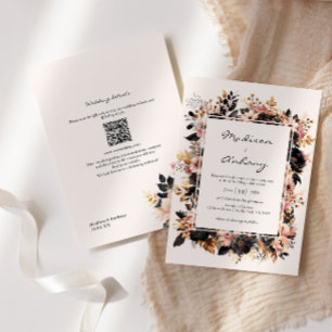 Invitation Mariage Code QR Floral Noir & Or 2 en 1