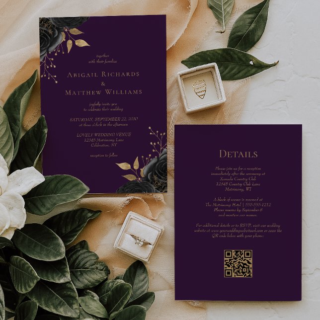 Invitation Mariage Code QR Floral Noir Or Romantique Violet (Créateur téléchargé)