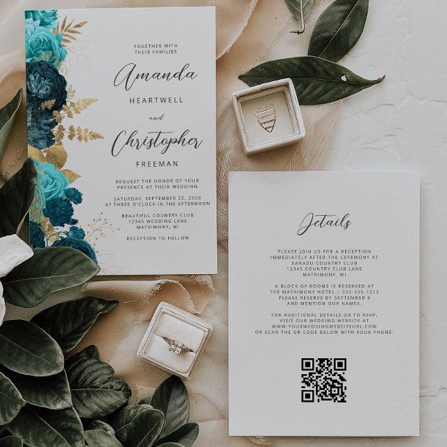 Invitation Mariage Code QR Floral Or Aqua Sarcelle (Créateur téléchargé)