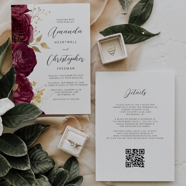 Invitation Mariage Code QR Floral Or Bourgogne (Créateur téléchargé)