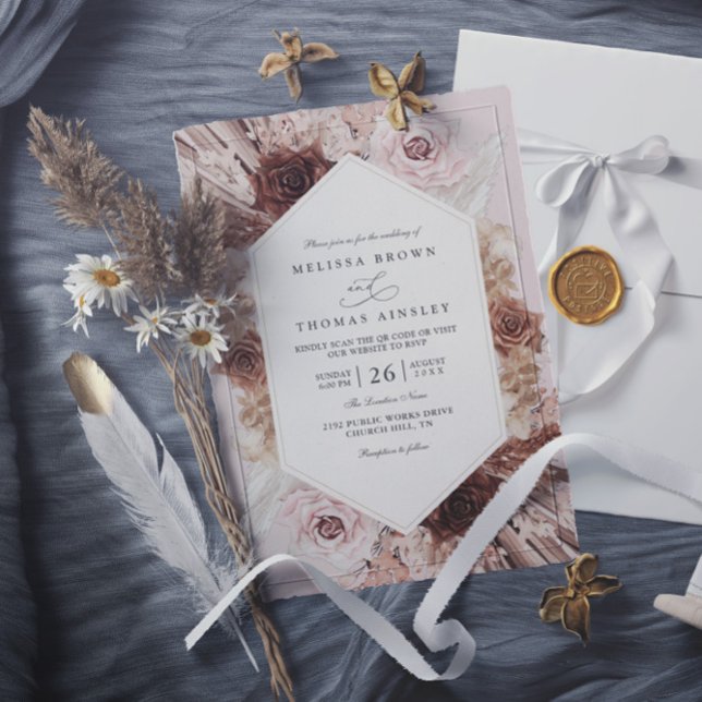 Invitation Mariage code QR floral poussiéreux herbe de Pampa  (Créateur téléchargé)