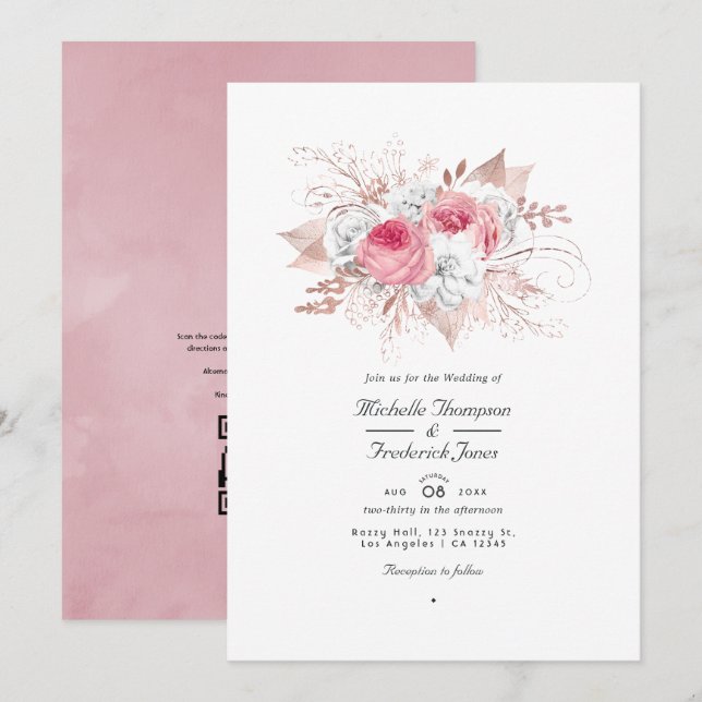 Invitation Mariage Code QR Floral Rose Pâle et Or Rose (Devant / Derrière)