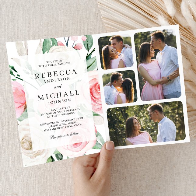 Invitation Mariage Code QR Floral Rose Pâle Ivoire Rustique (Créateur téléchargé)