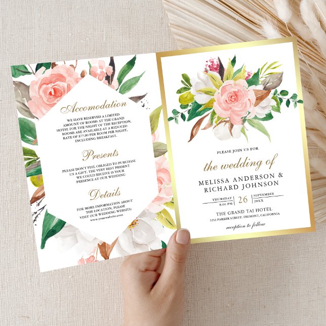 Invitation Mariage Code QR Floral Rose Pâle Rustique Or (Créateur téléchargé)