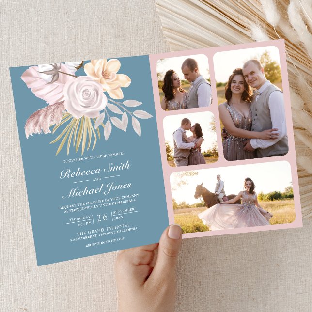 Invitation Mariage Code QR Floral Rose Poussiéreux Bleu Rusti (Créateur téléchargé)
