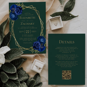 Invitation Mariage Code QR Floral Royal Bleu Vert Emeraude