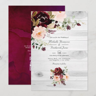 Invitation Mariage Code QR Floral Rustique Bourgogne et Rose
