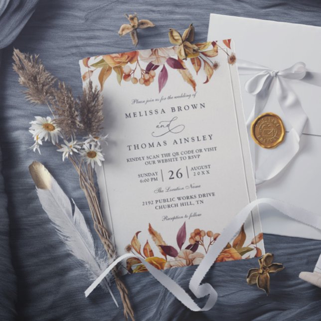 Invitation Mariage Code QR Floral Rustique Brun Orange Or (Créateur téléchargé)