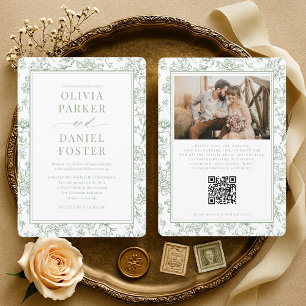 Invitation Mariage Code QR Floral Sage Vert à la Française