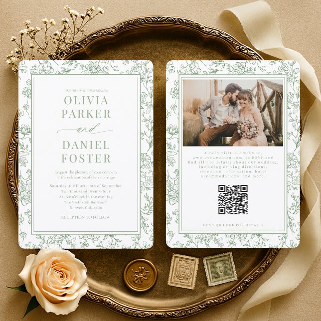 Invitation Mariage Code QR Floral Sage Vert à la Française (Créateur téléchargé)