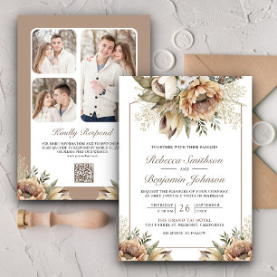 Invitation Mariage Code QR Floral Taupe Terreux Bohème Neutre