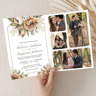 Invitation Mariage Code QR Floral Taupe Terreux Bohème Neutre