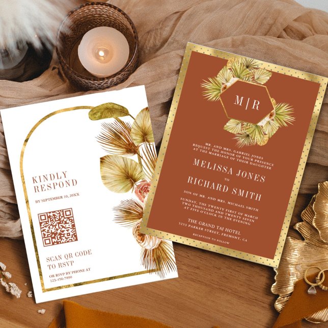 Invitation Mariage Code QR Floral Terracotta Bohème Palmier (Créateur téléchargé)