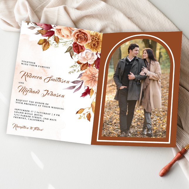 Invitation Mariage Code QR Floral Terracotta Bourgogne Rustiq (Créateur téléchargé)