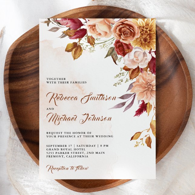 Invitation Mariage Code QR Floral Terracotta Bourgogne Rustiq (Créateur téléchargé)