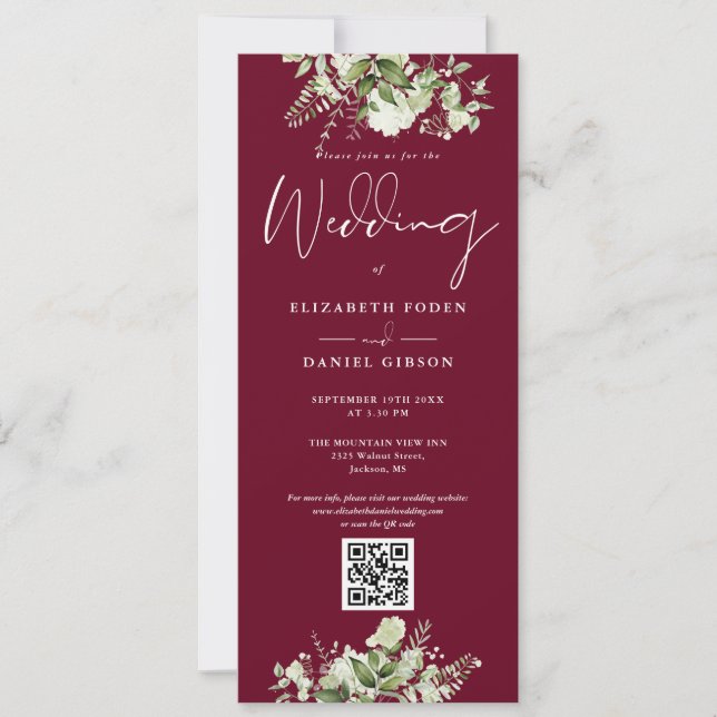 Invitation Mariage Code QR Floral Végétal Bourguignon (Devant)