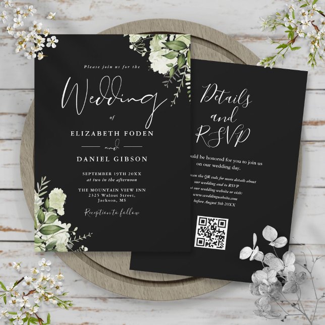 Invitation Mariage Code QR Floral Végétal Noir et Blanc (Black And White Greenery Floral QR Code Wedding Invitation)