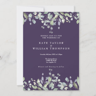 Invitation Mariage Code QR Floral Vert feuillage Lilas Violet