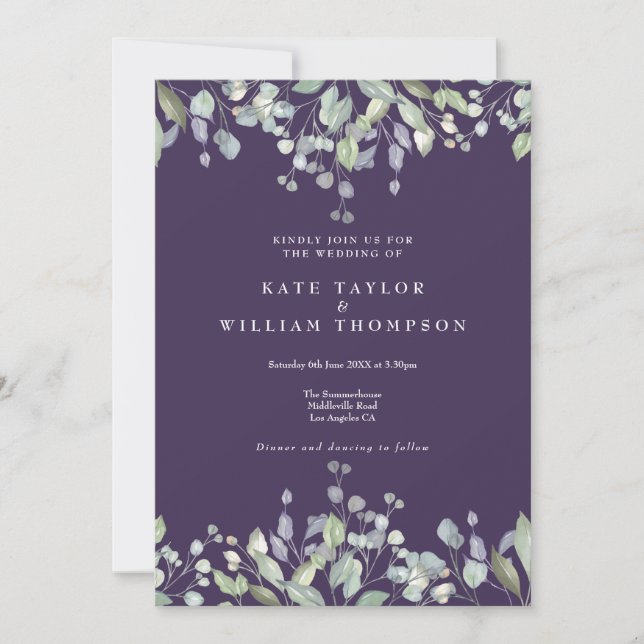Invitation Mariage Code QR Floral Vert feuillage Lilas Violet (Devant)