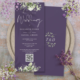 Invitation Mariage Code QR Floral Vert Pourpre
