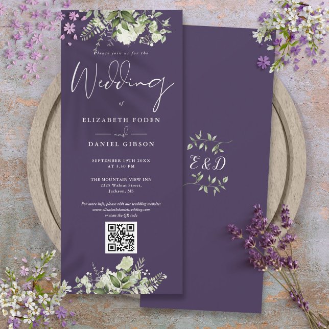 Invitation Mariage Code QR Floral Vert Pourpre (Greenery Floral Purple QR Code Wedding Invitation)