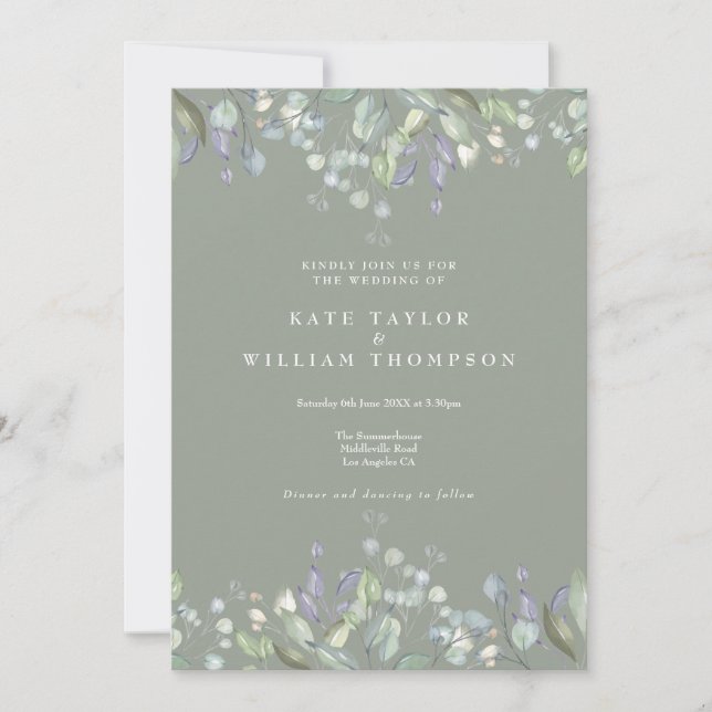 Invitation Mariage Code QR Floral Vert Sauge Lilac (Devant)