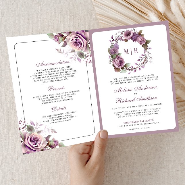 Invitation Mariage Code QR Floral Violet Poussiéreux Rustique (Créateur téléchargé)