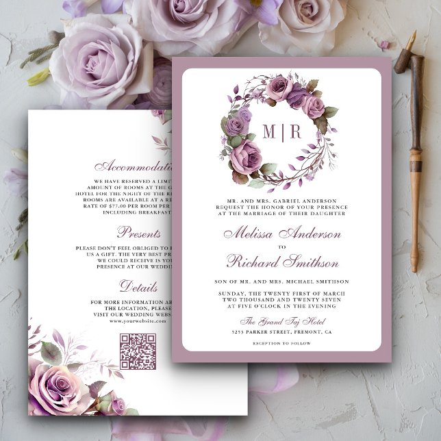 Invitation Mariage Code QR Floral Violet Poussiéreux Rustique (Créateur téléchargé)