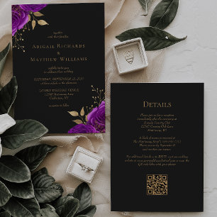 Invitation Mariage Code QR Foncé Floral Or Violet Romantique