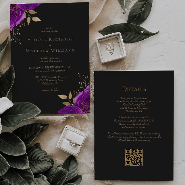 Invitation Mariage Code QR Foncé Floral Or Violet Romantique (Créateur téléchargé)