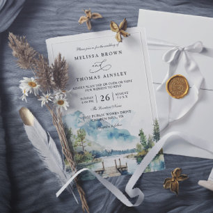 Invitation Mariage Code QR Forêt Aquarelle Lac de Montagne