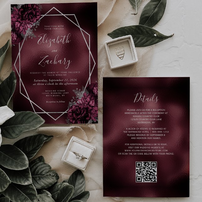 Invitation Mariage Code QR Géométrique Argent Floral Bourgogn (Créateur téléchargé)