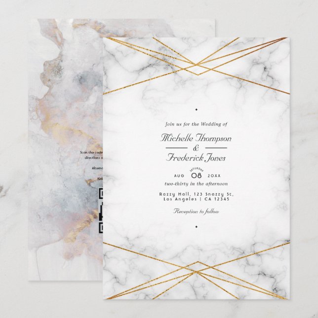 Invitation Mariage code QR géométrique en marbre doré (Devant / Derrière)
