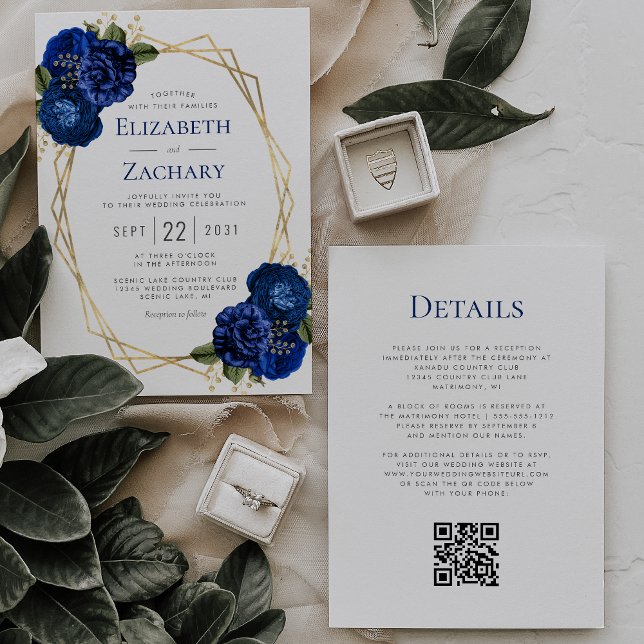 Invitation Mariage Code QR Géométrique Floral Bleu Royal Or (Créateur téléchargé)