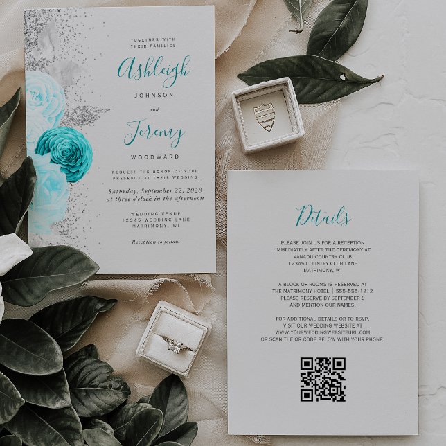 Invitation Mariage Code QR Gris Argent Floral Turquoise (Créateur téléchargé)