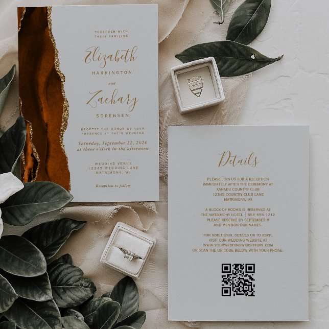 Invitation Mariage Code QR Gris Clair Agate Or Doré Brûlé (Créateur téléchargé)