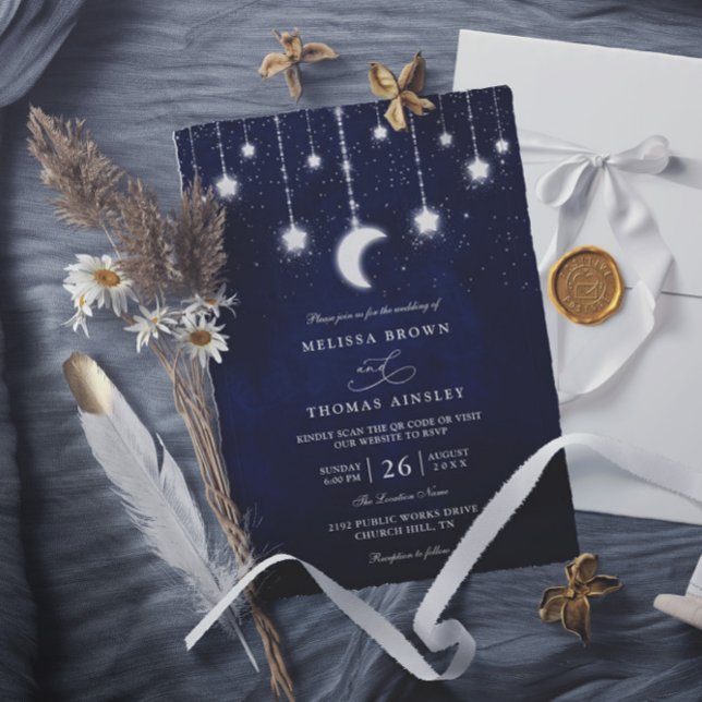Invitation Mariage Code QR Guirlande Lumineuse Étoiles Lune C (Créateur téléchargé)