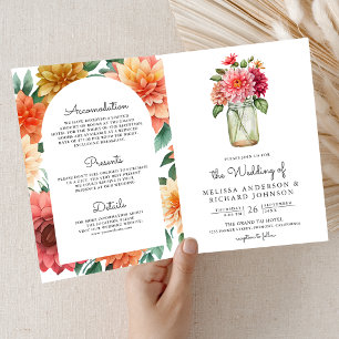 Invitation Mariage Code QR Jar Maçon Floral Dahlia Coloré