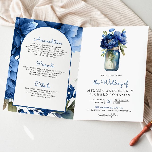 Invitation Mariage Code QR Jar Maçon Royal Fleurs Bleu Royal (Créateur téléchargé)